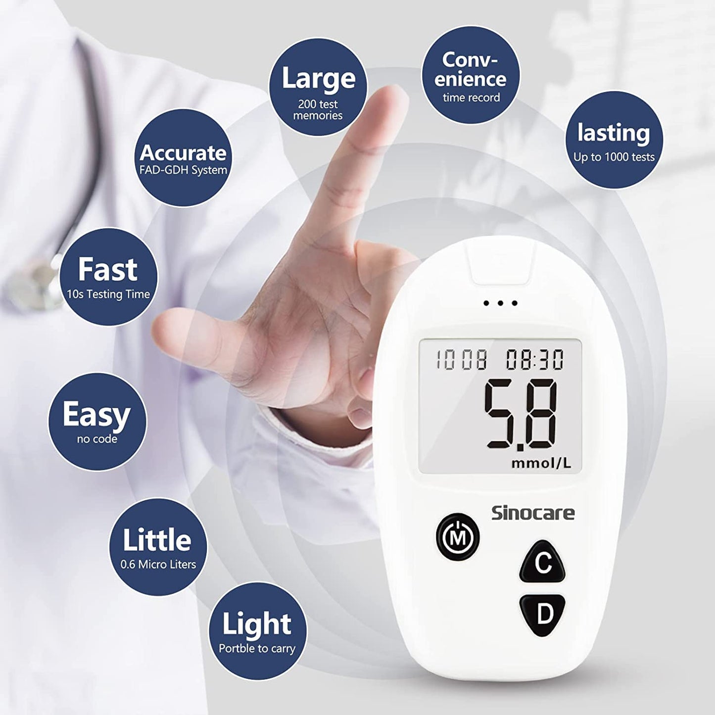 Sinocare Safe Accu Blood Glucose Monitor Kit with 50 Strips