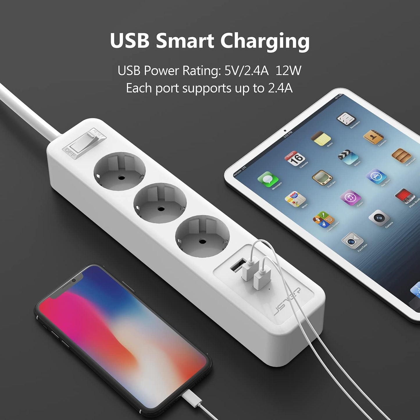 JSVER Strip with 3 Outlets, 3 USB Ports, 2m Cable