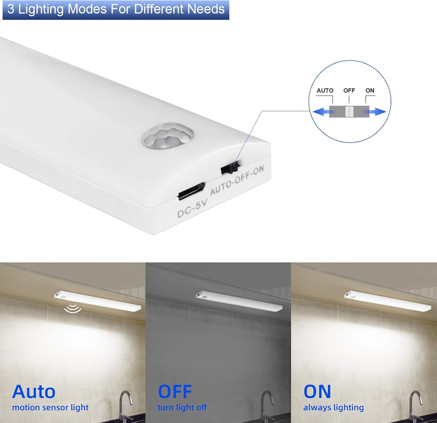 Vicloon 3-Pack 12-LED Motion Sensor Wireless USB Rechargeable Cabinet Lights