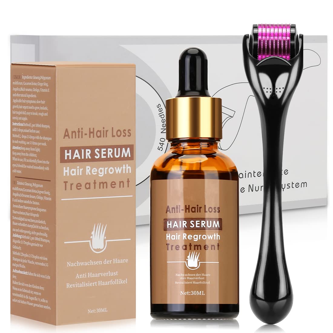 Beayosses Dermaroller Set 0.5 mm Microneedling Skin Roller with Hair Growth Serum Anti Hair Loss