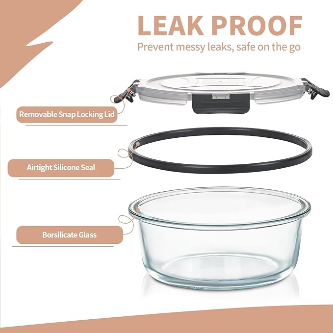 Glass food container with a removable snap locking lid, airtight silicone seal, and borsilicate glass on a white background.