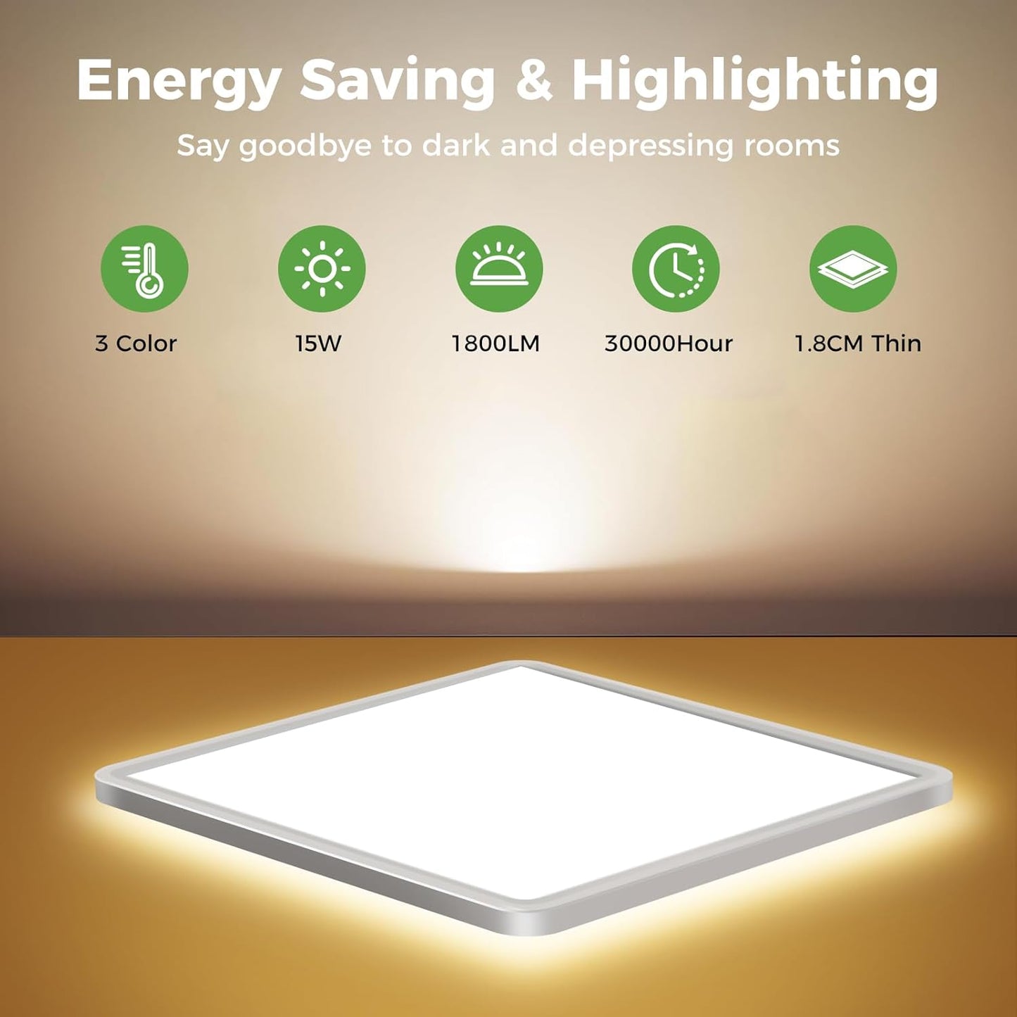 Zemty Square LED Ceiling Light 1800LM Waterproof 3 Colour