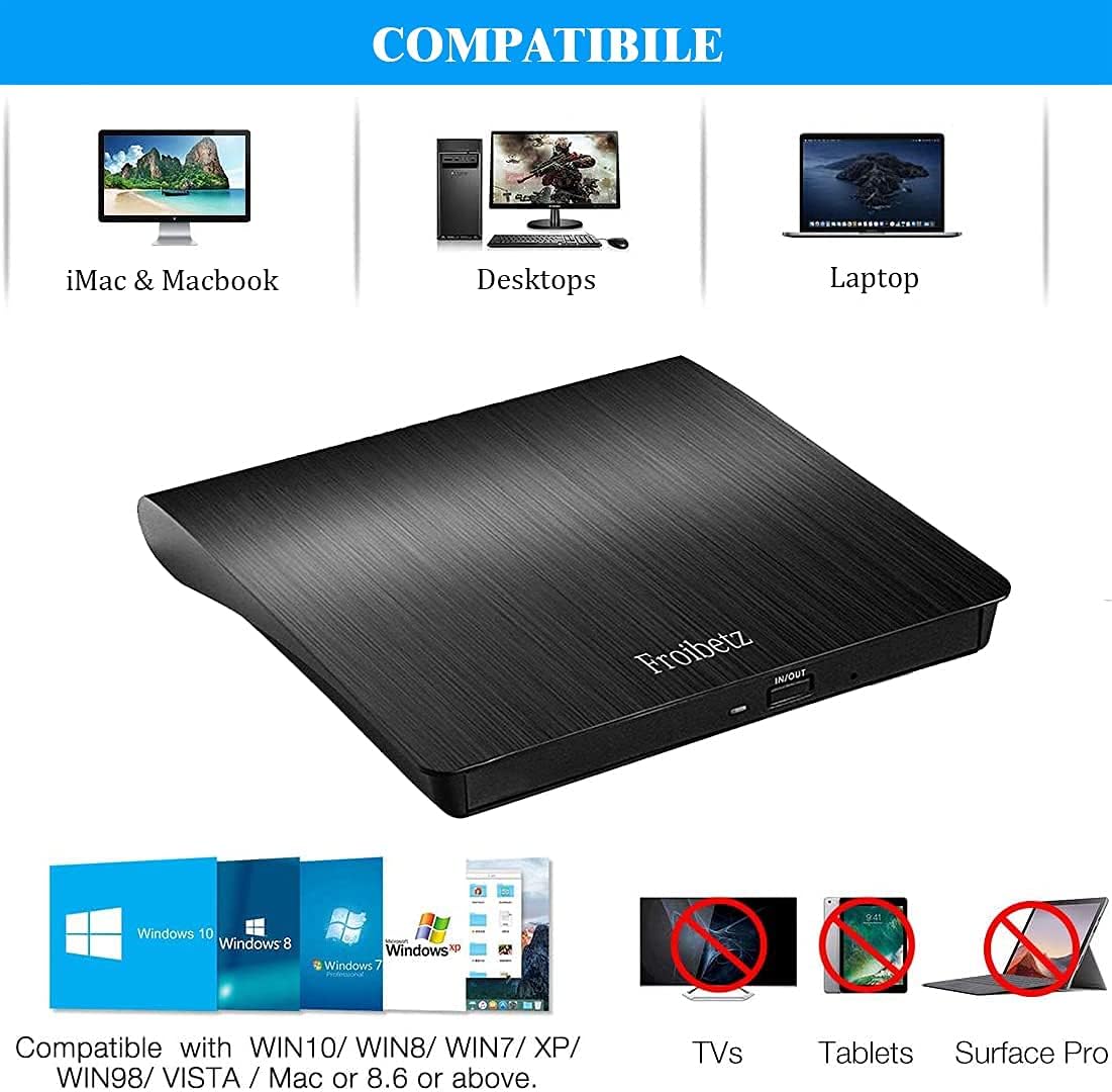 Froibetz External USB 3.0 DVD-RW CD-RW Burner Drive with Card Reader