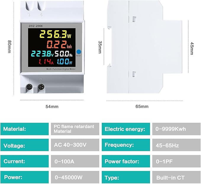 Digital power meter with dimensions and specifications displayed