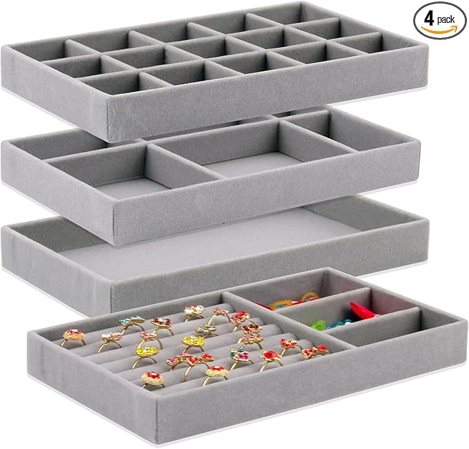 Velvet 4-Pack Stackable Jewelry Organizer Trays for Drawer