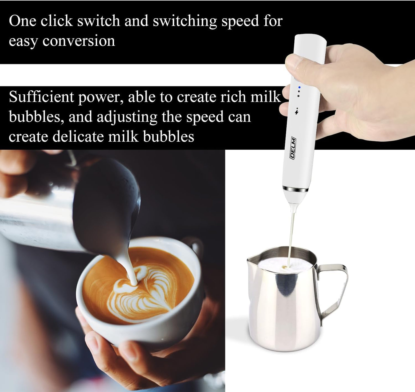 Delm Stainless Steel USB Electric Milk Frother Wand for Lattes & Cappuccinos