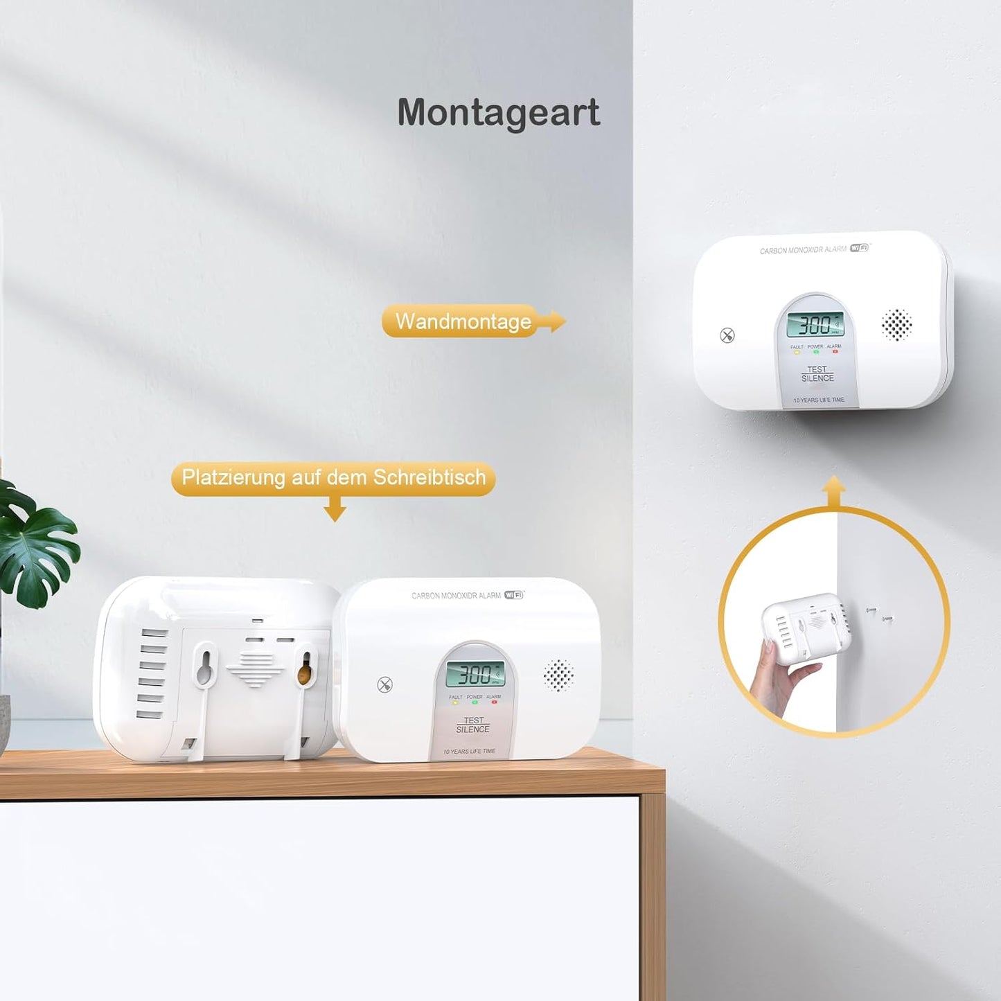 Wi-Fi Smart Carbon Monoxide Detector, Carbon Monoxide Alarm CO Detector With LED display Replaceable Battery Included Conforms to EN EN50291 Standard, 1 Piece