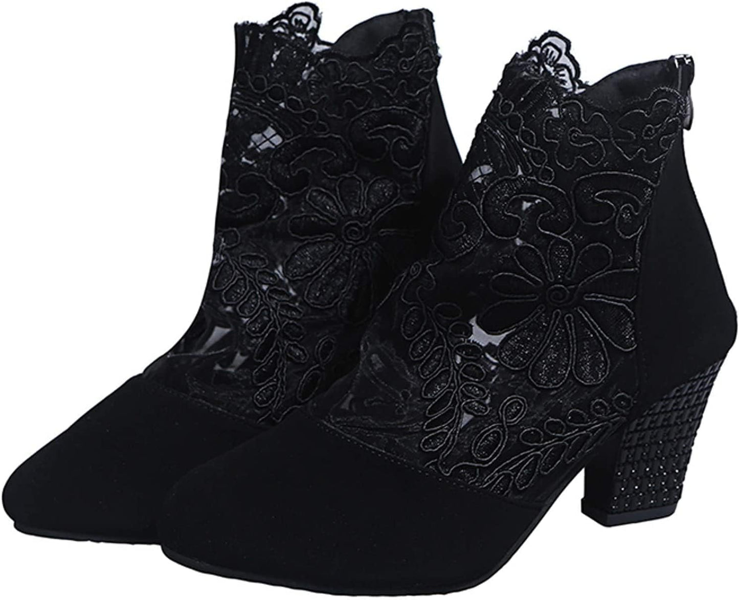 Women's Elegant Lace Ankle Boots - Breathable High Block Heel Booties