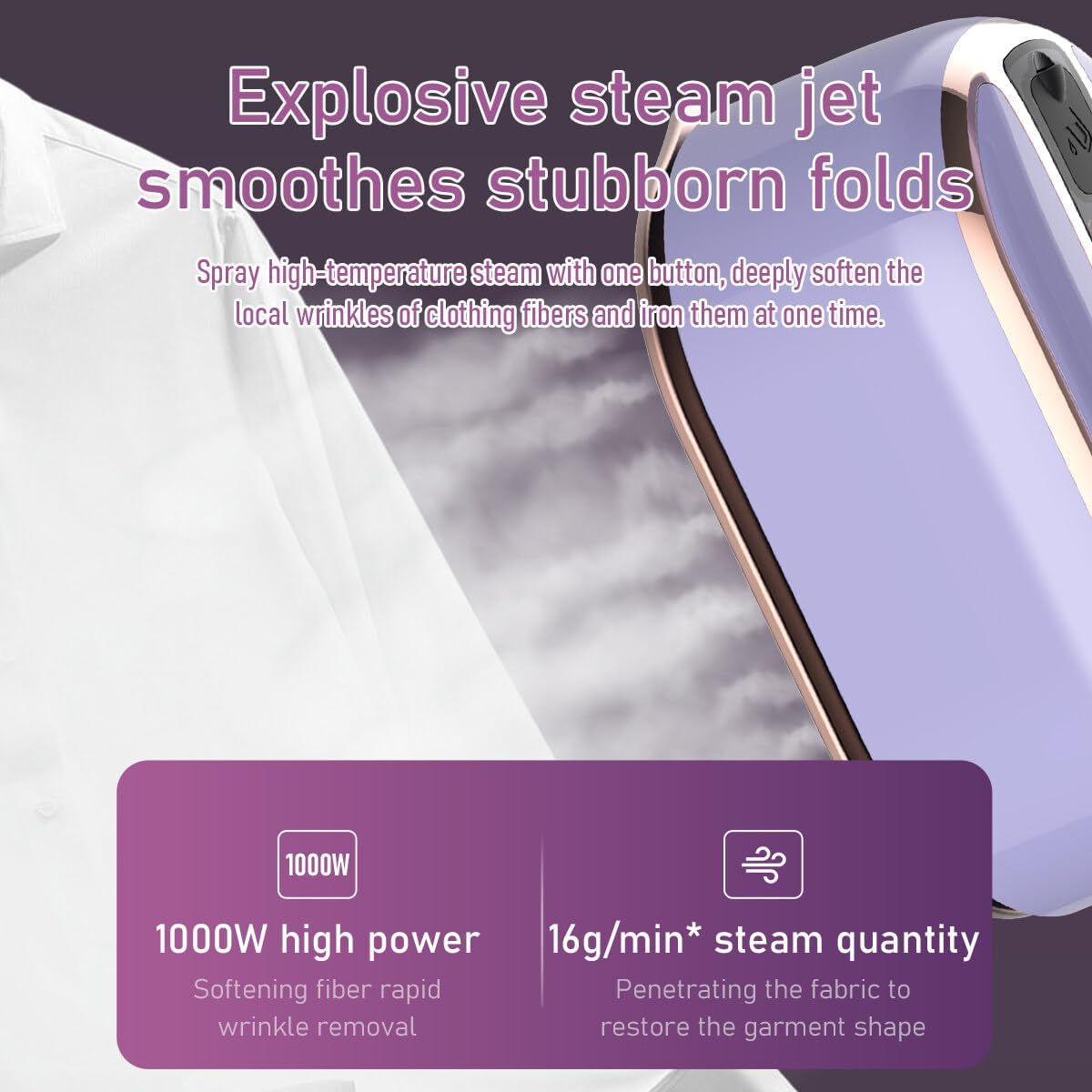 Portable 1000W Handheld Travel Steamer Iron with 180° Rotating Purple