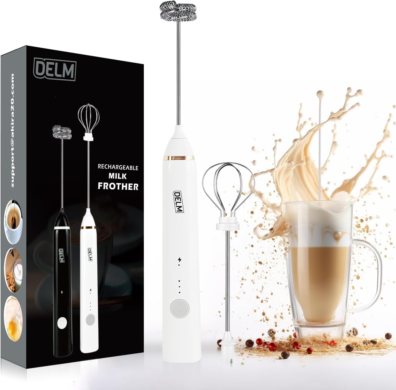 Delm Stainless Steel USB Electric Milk Frother Wand for Lattes & Cappuccinos