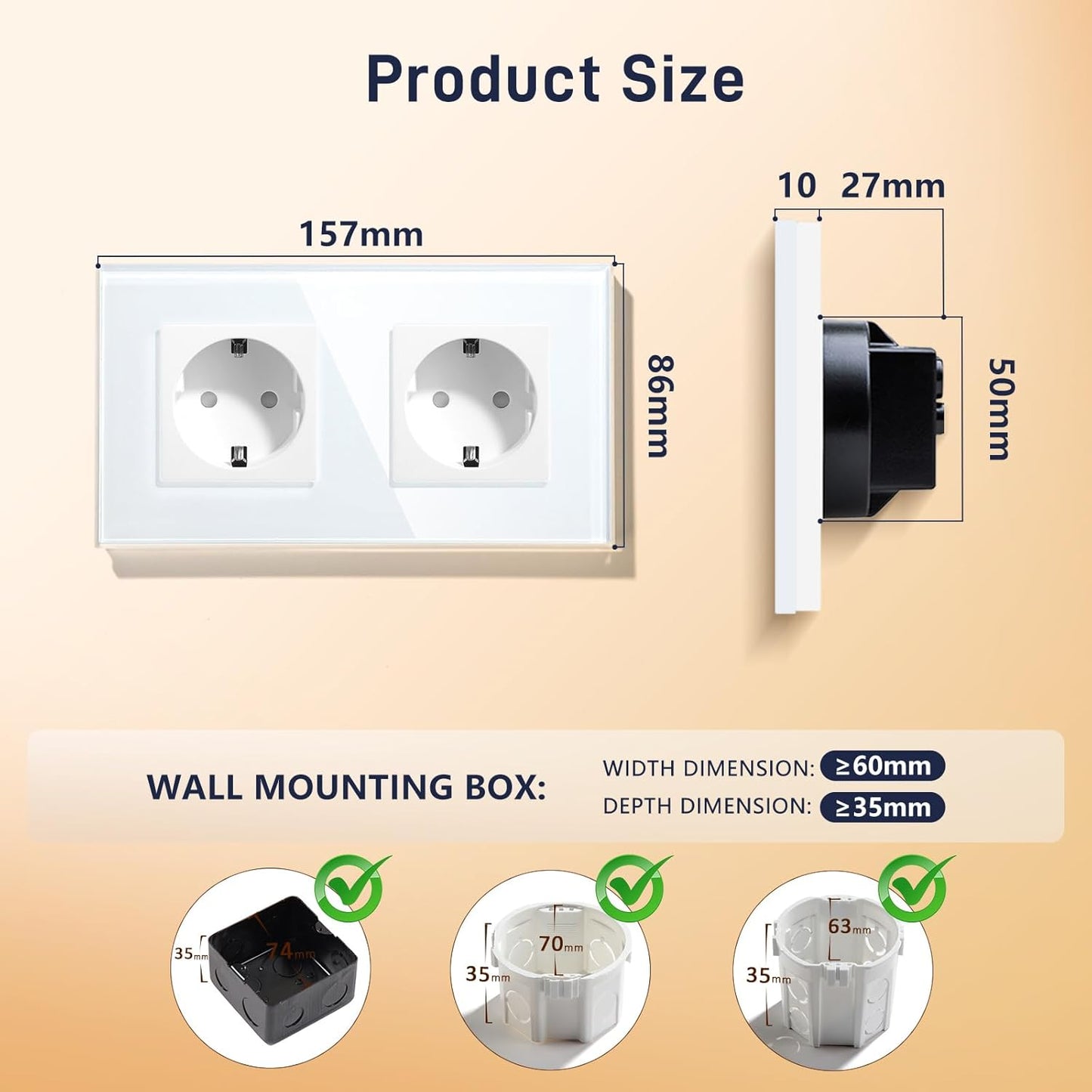 BSEED Double Schuko Socket with Crystal Glass Plate for Electrical Outlets