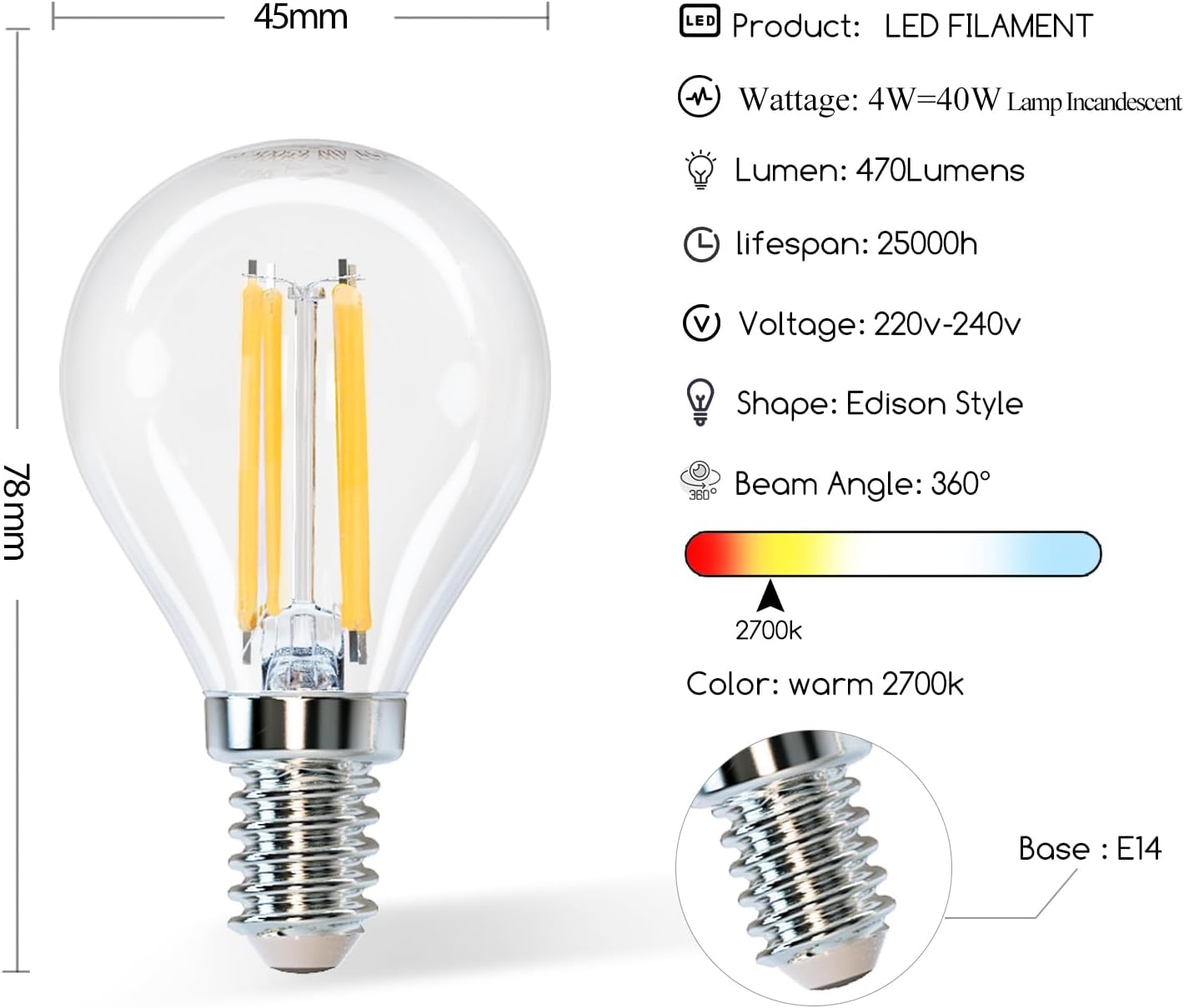 Aigostar LED Filament E14 Globe Warm Light Retro Vintage Clear Glass Bulb 5-Pack
