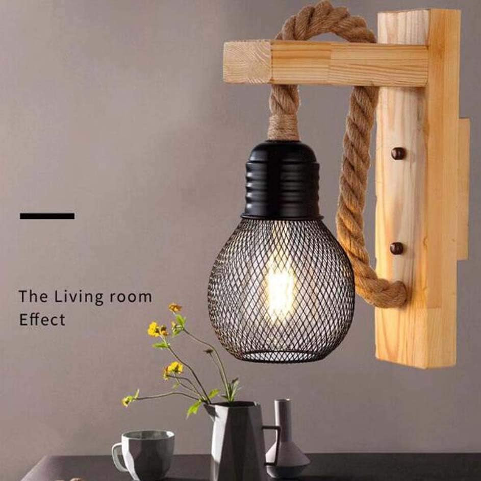 G.Z Industrial Rustic Wood-Metal Wall Sconce with Hemp Rope