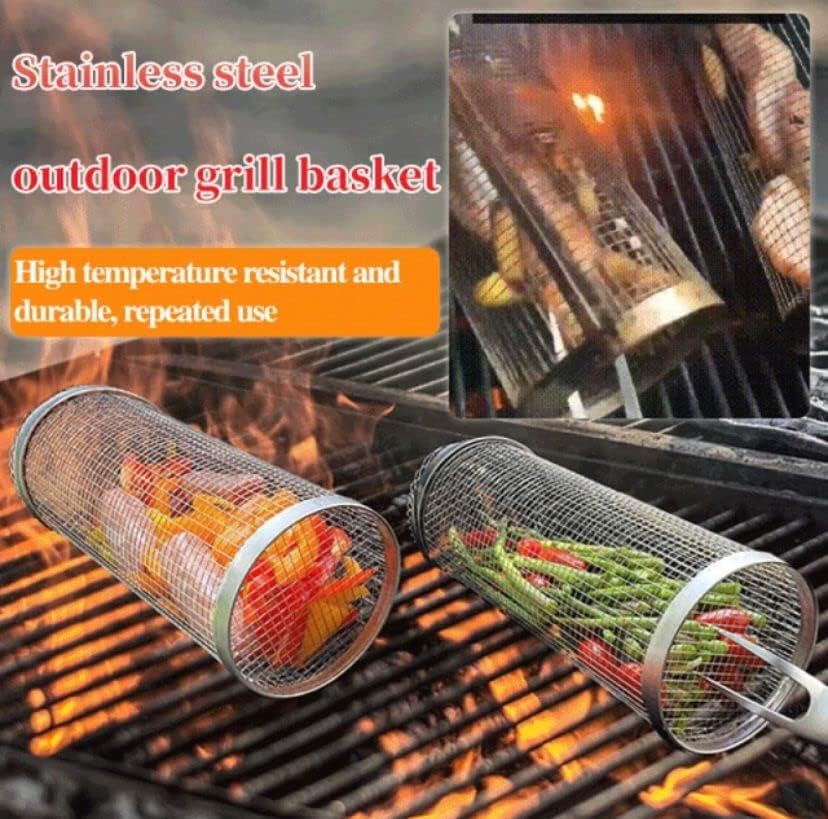 Stainless Steel Rolling Grill Basket for Outdoor Cooking, Multi-Functional