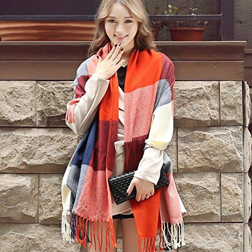 Cozy Long Women's Plaid Cashmere-Blend Winter Shawl Scarf with Tassel