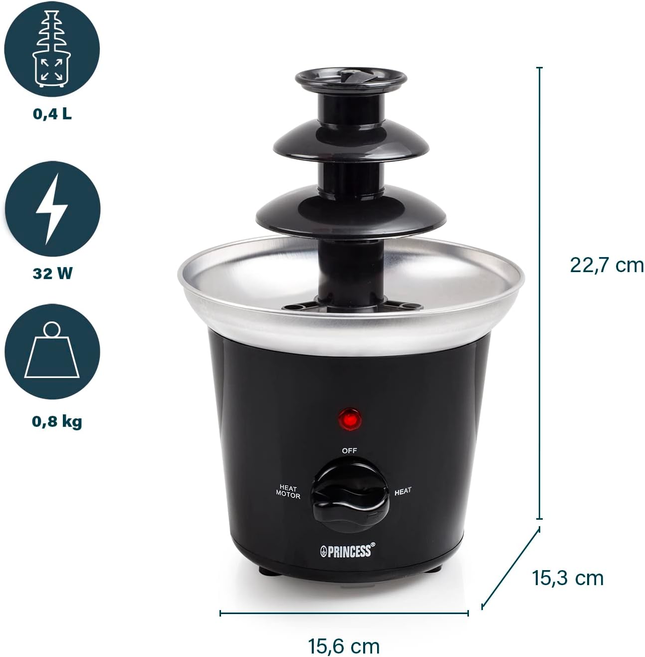 Princess 3‑Tier Stainless Steel Chocolate Fountain with Warm‑Keep, 0.4L