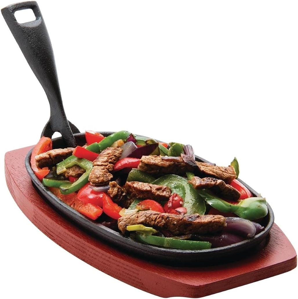 Olympia Cast Iron Oval Sizzler with Wooden Stand, 240mm