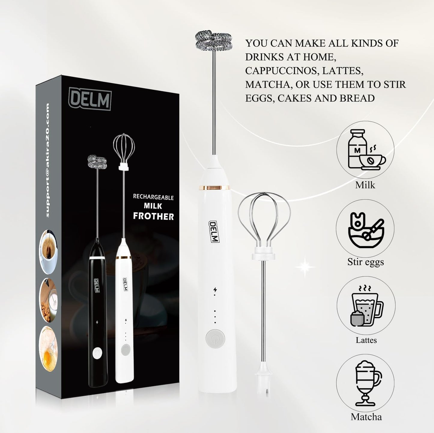 Delm Stainless Steel USB Electric Milk Frother Wand for Lattes & Cappuccinos