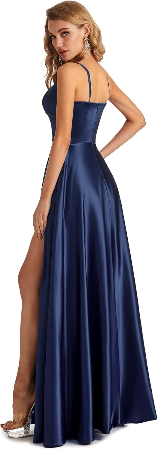 Lecureler Satin Spaghetti Strap Prom Dress - Navy Blue Evening Gown