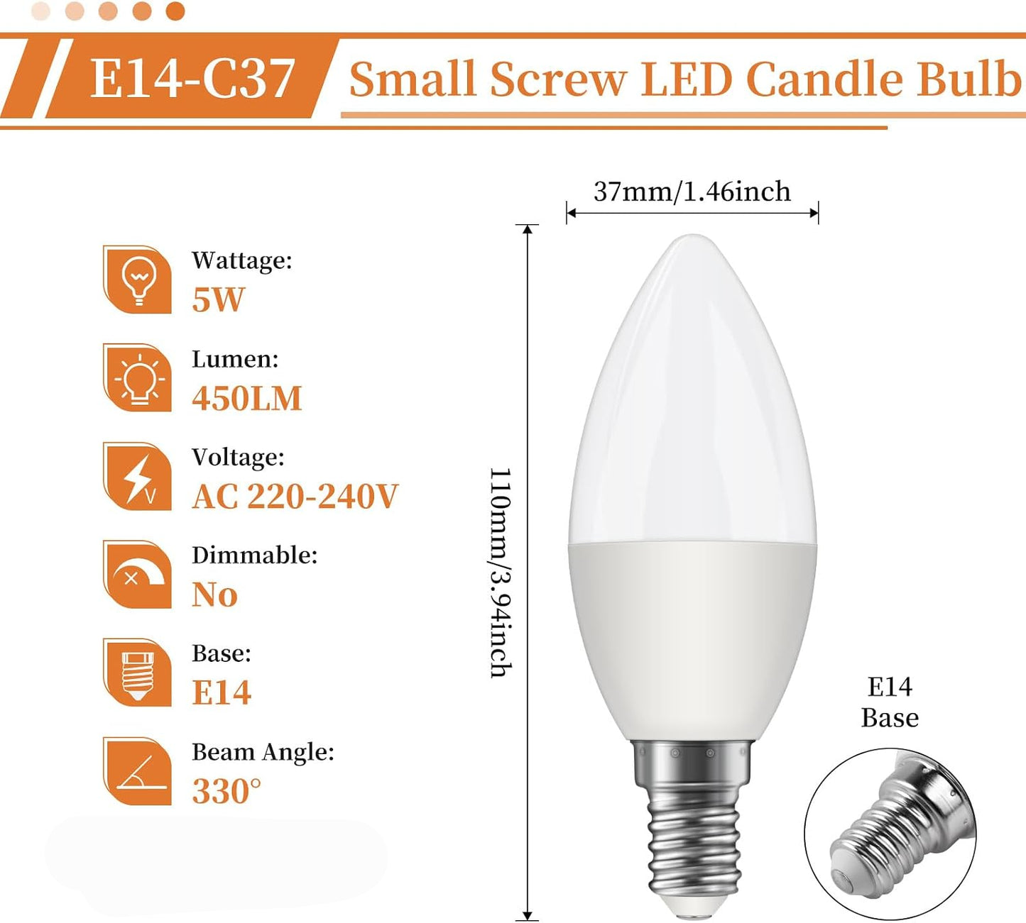 Ddlisu C37 E14 LED Candle Light Bulbs 5W 2700K 6 Pack