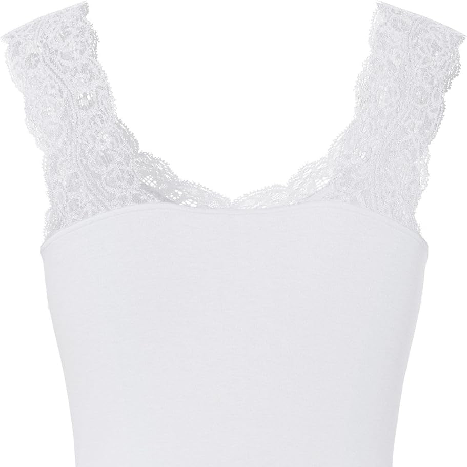 Basic Women's V-Neck Lace Top Soft Viscose Blend Bright White