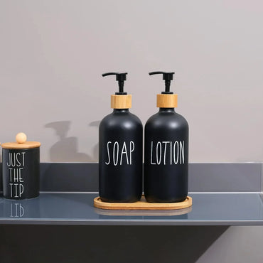 Elegant Glass Soap and Lotion Dispenser Set with Bamboo Tray - Gomix Brands Outlet