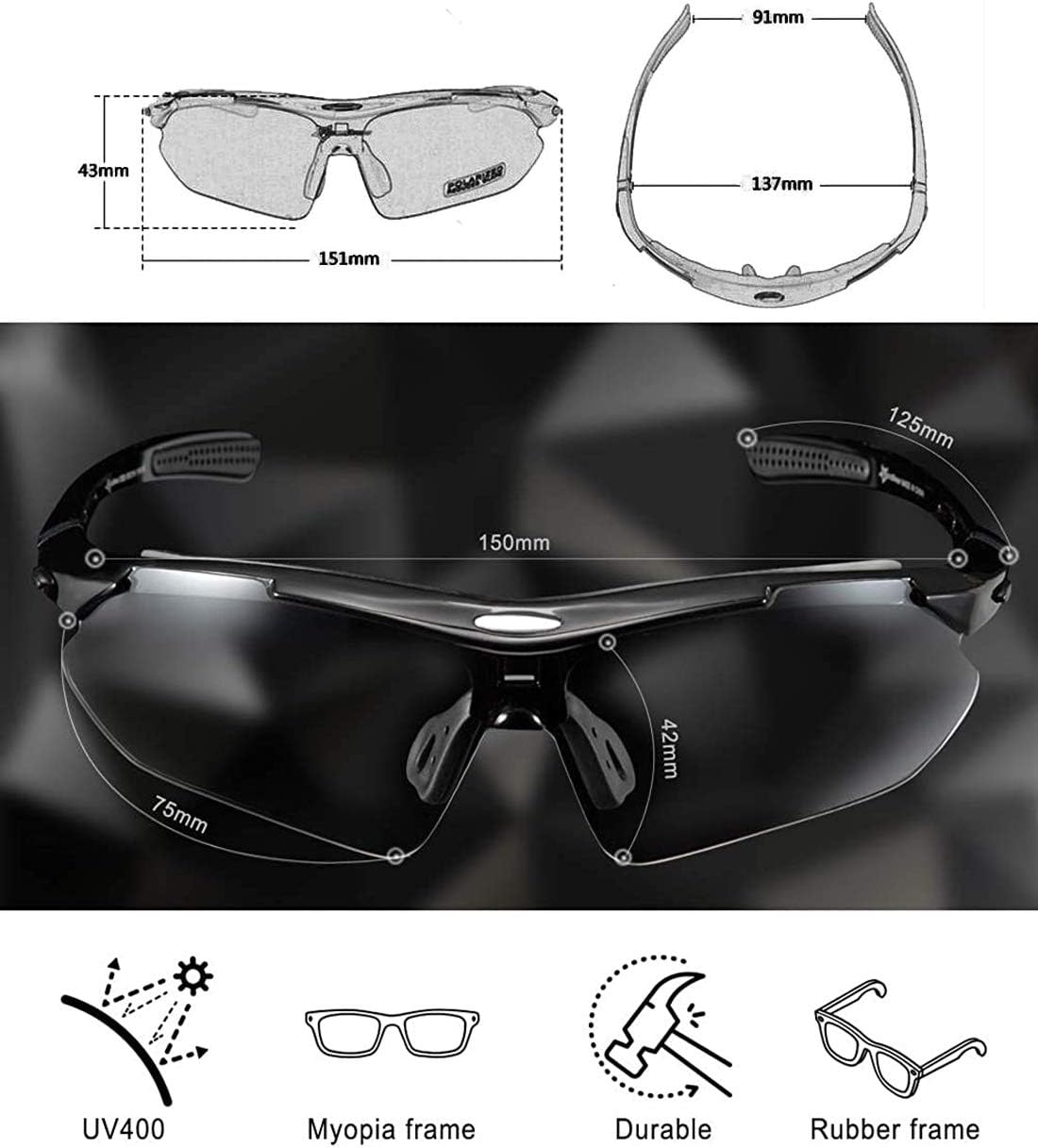 ROCKBROS Men's Polarized Cycling Goggles with 5 Interchangeable UV400 Lenses