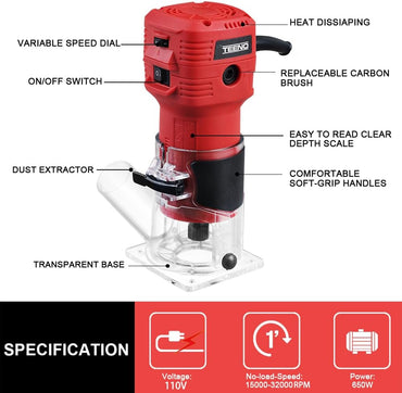 TEENO 650W Compact Wood Router with 12‑Piece 1/4" Bit Set
