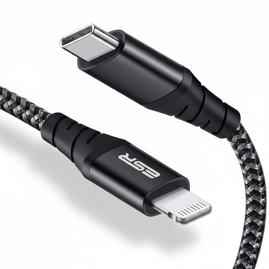 ESR USB-C to Lightning Cable 0.2 m MFi Certified Nylon PD Fast Charging for iPhone 14/13/12/11/SE/XR/XS/X/8 iPad 9/8 Black