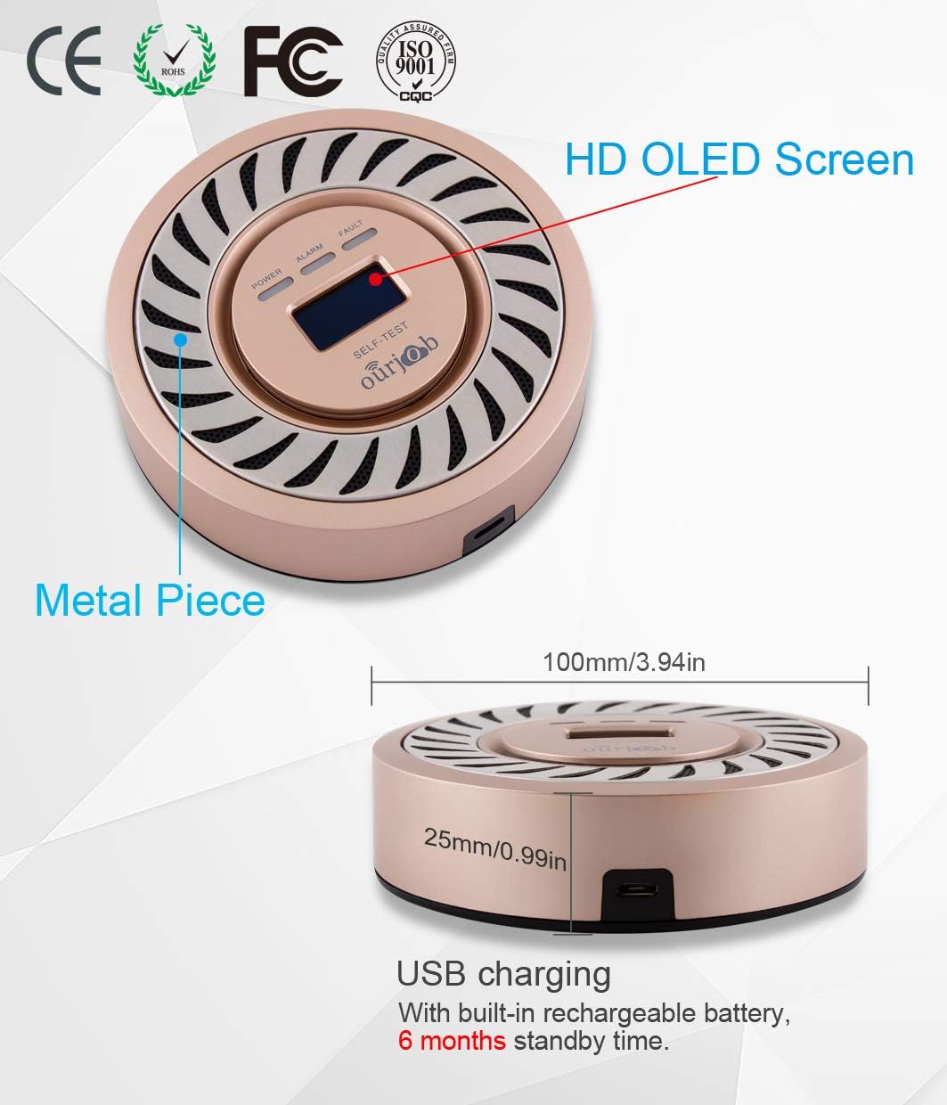 Rechargeable Carbon Monoxide Detector with OLED Display for Home and RV Safety