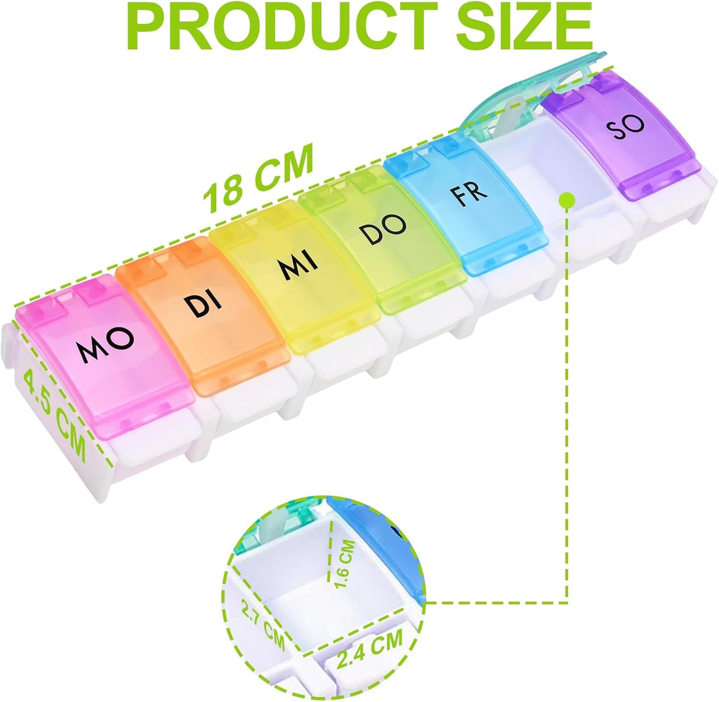 Rainbow 7-Day Pill Organizer with Easy-Open Button, Multicolored