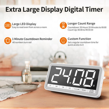 VOCOO Digital Kitchen Timer 7.8" Extra Large Display Magnetic LED White