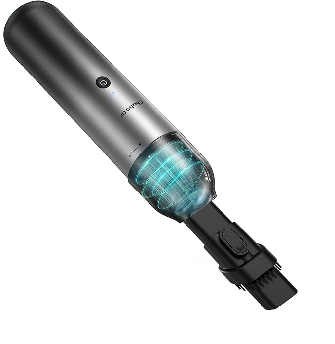 Handheld vacuum cleaner with a metallic body and black accents on a white background