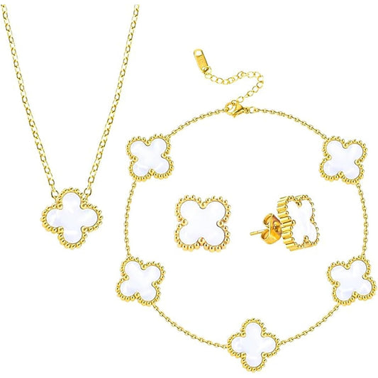 Lucky Four-Leaf Clover Bracelet Set: Elegant Gold-Plated Jewelry Gift for Her