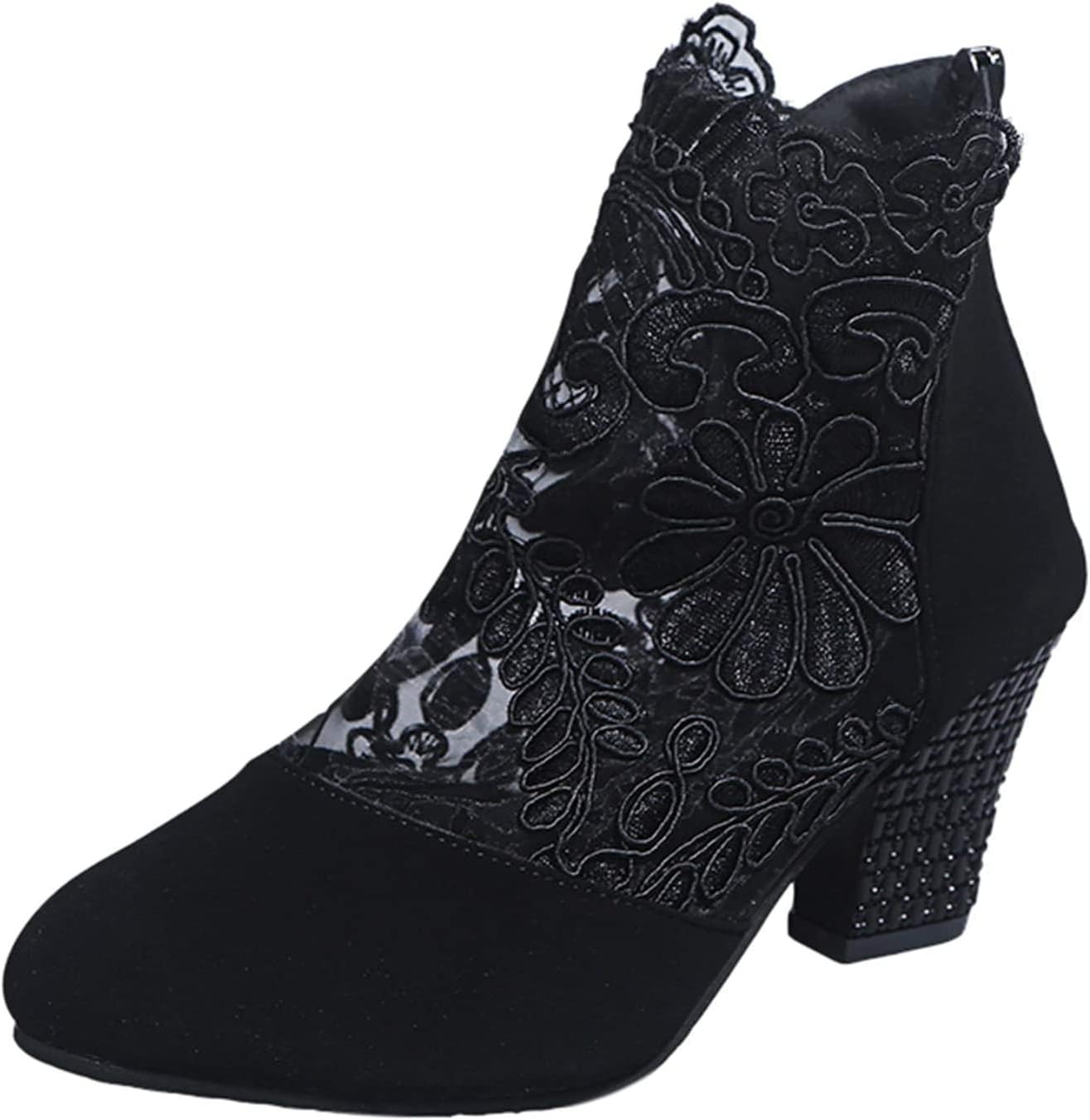 Women's Elegant Lace Ankle Boots - Breathable High Block Heel Booties