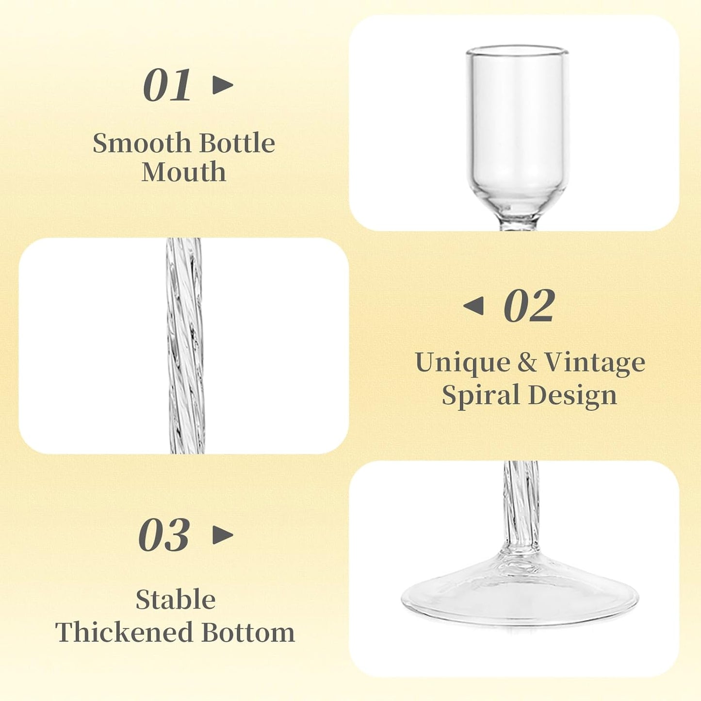 Hewory Vintage Glass Candle Holders Set – 3 Elegant Taper Stands