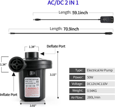 Black Portable AC110V/DC12V Electric Air Pump with 3 Nozzles