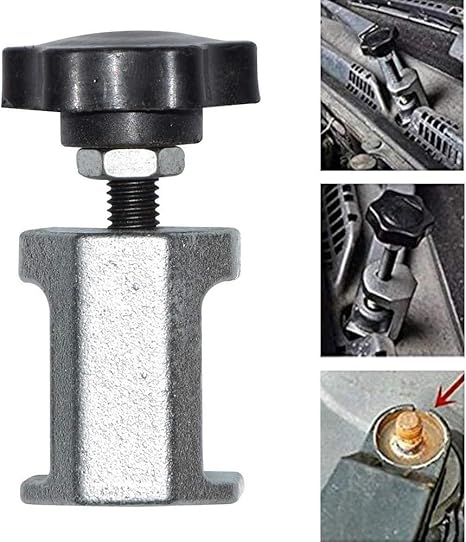 Metal tool with a black knob and screws, used for automotive repair.