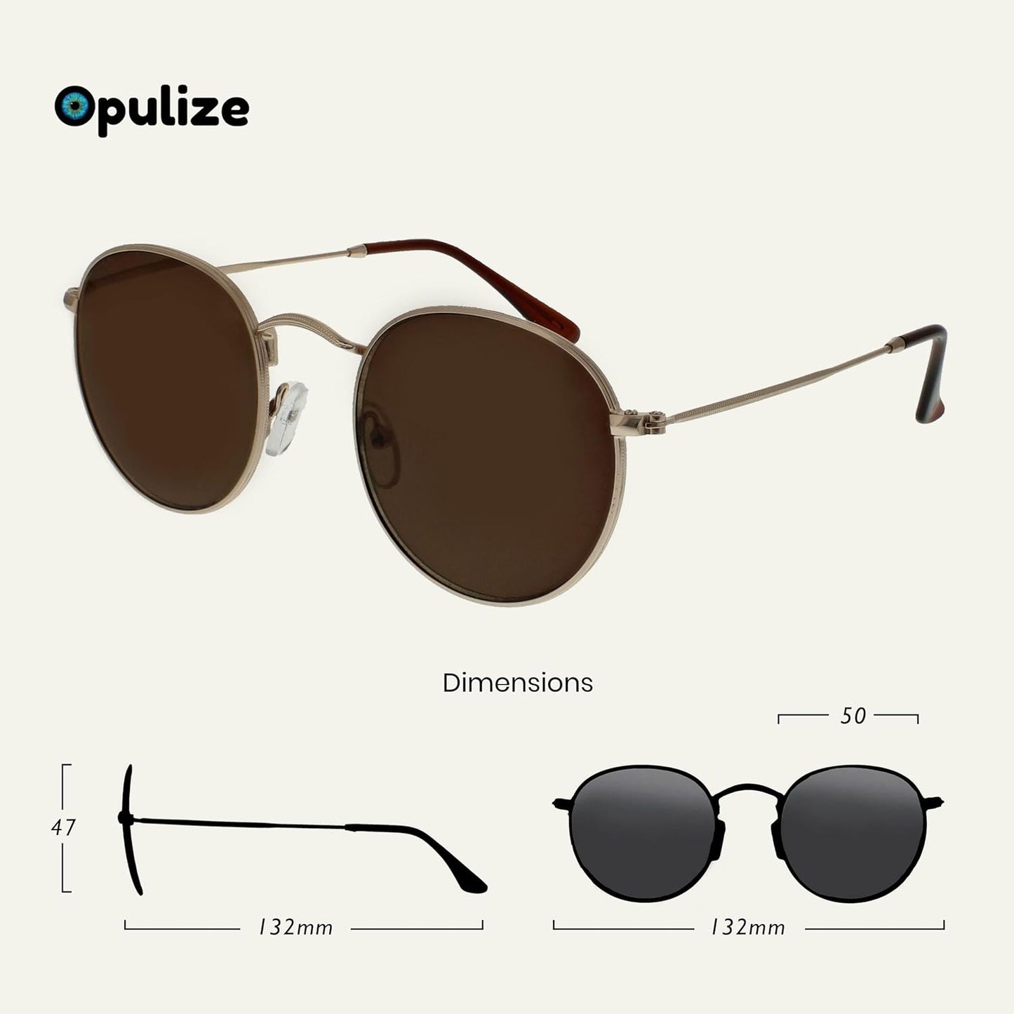 OPULIZE Sol Retro Round Sunglasses Gold Frame Brown Tips