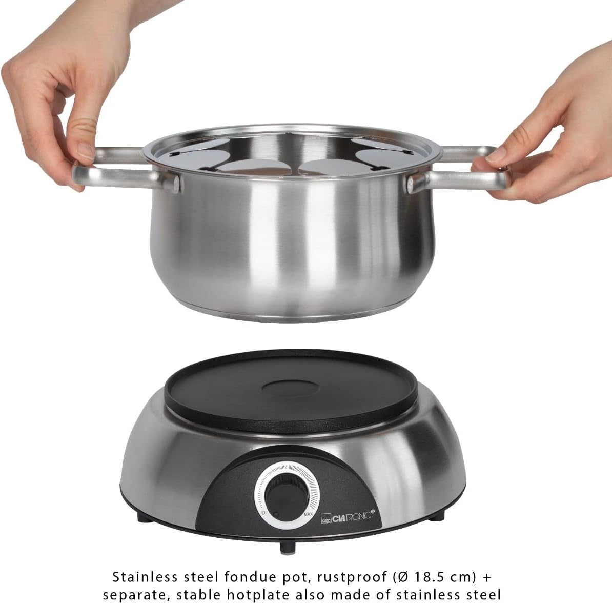 Clatronic Stainless Steel Electric Fondue Set: 1.2-Liter Pot, 8 Forks, Thermostat