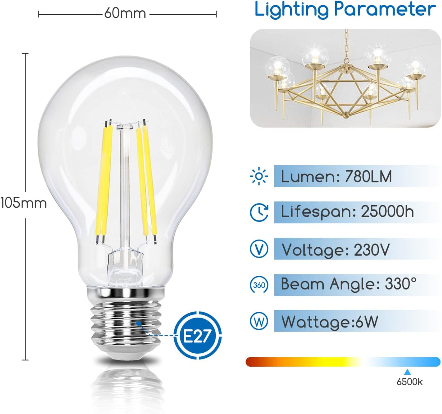 Aigostar LED E27 Vintage Light Bulb 6W 780 Lumens Cool White A60 Filament Lamp