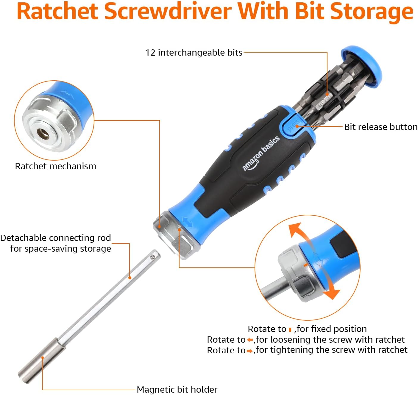 Amazon Basics 12-in-1 Magnetic Ratchet Screwdriver Set with Storage