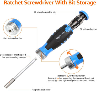 Amazon Basics 12-in-1 Magnetic Ratchet Screwdriver Set with Storage