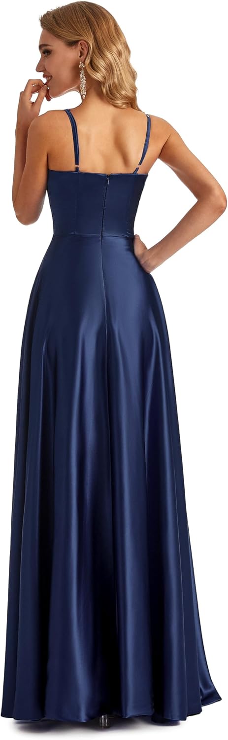 Lecureler Satin Spaghetti Strap Prom Dress - Navy Blue Evening Gown