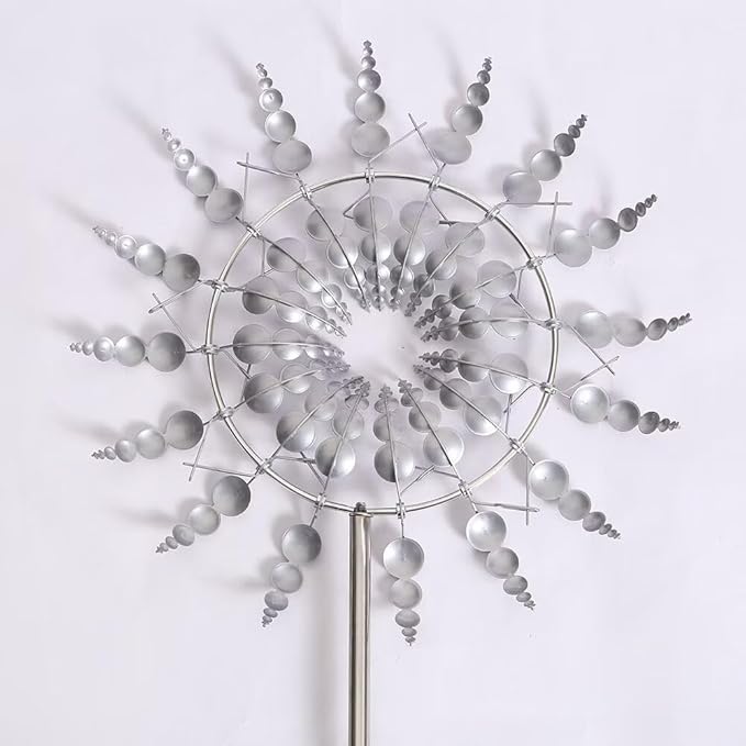 Silver 3D Kinetic Wind Spinner Garden Decoration with Dual Rotors