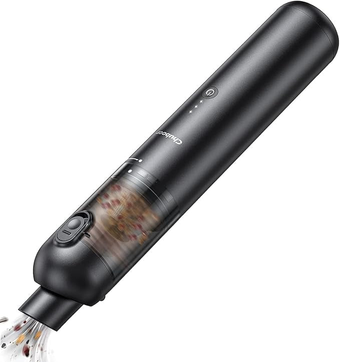 Black handheld vacuum cleaner with attachments on a white background