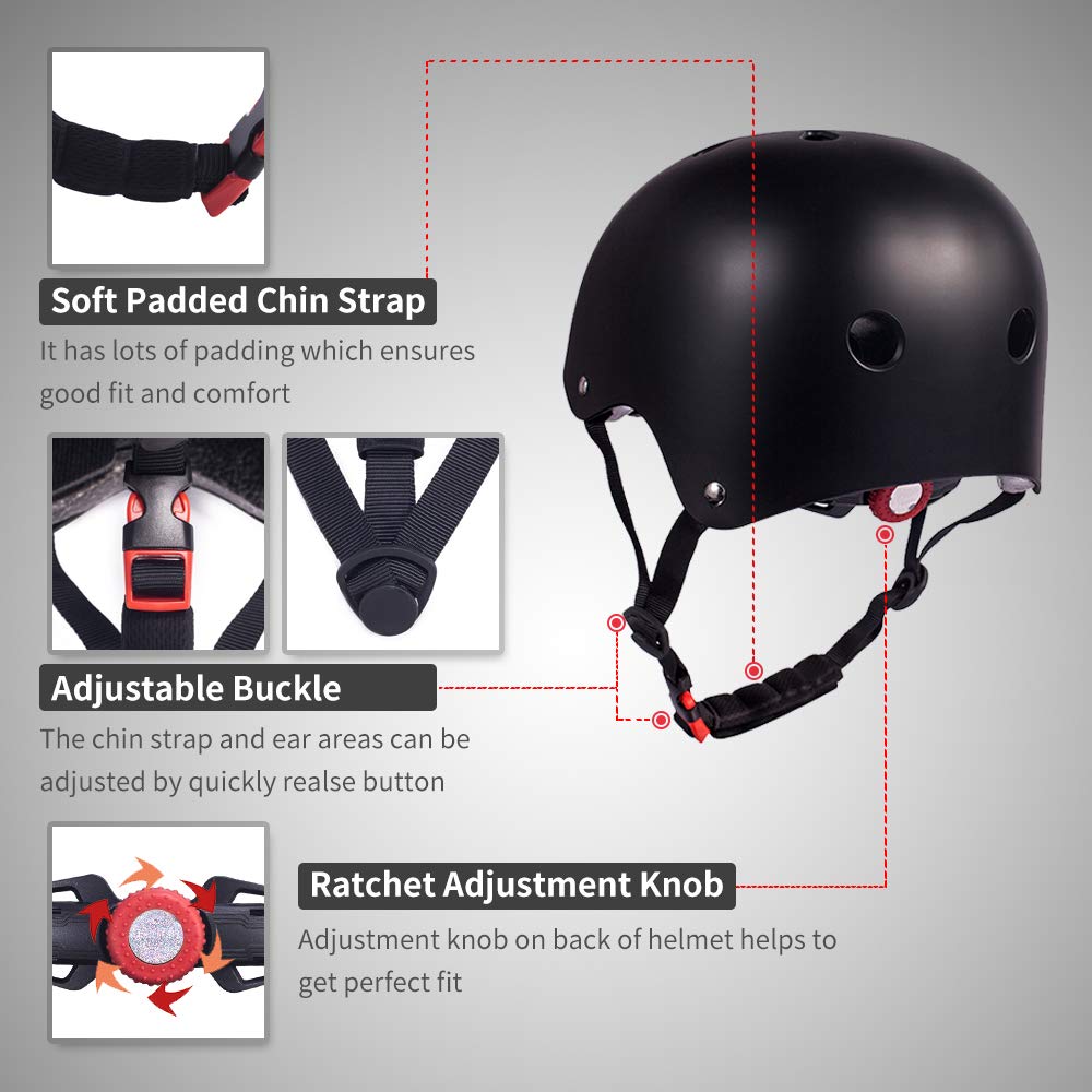 Cneng Adjustable Matte Black Skateboard Helmet for Adults