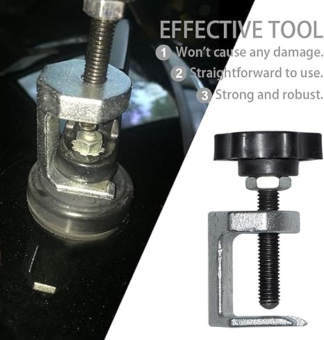 Metal tool with a screw and bolt, shown on a car window with text about its effectiveness.