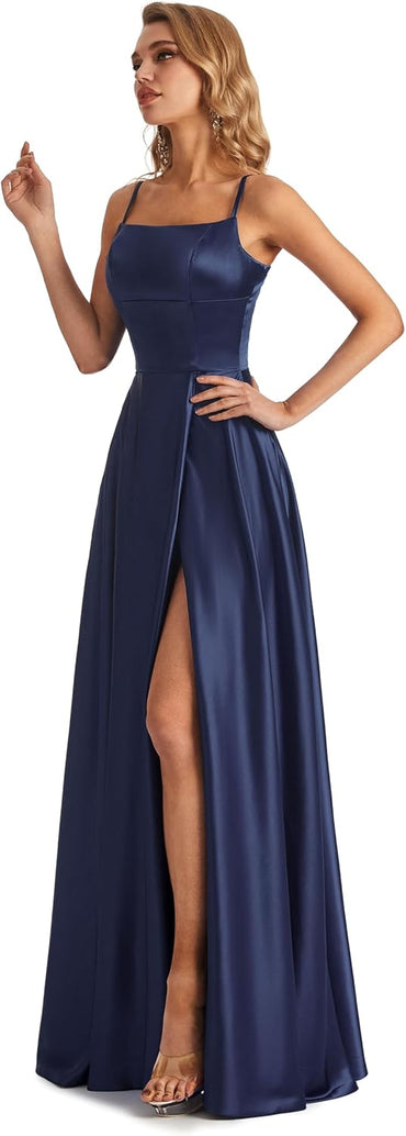 Lecureler Satin Spaghetti Strap Prom Dress - Navy Blue Evening Gown