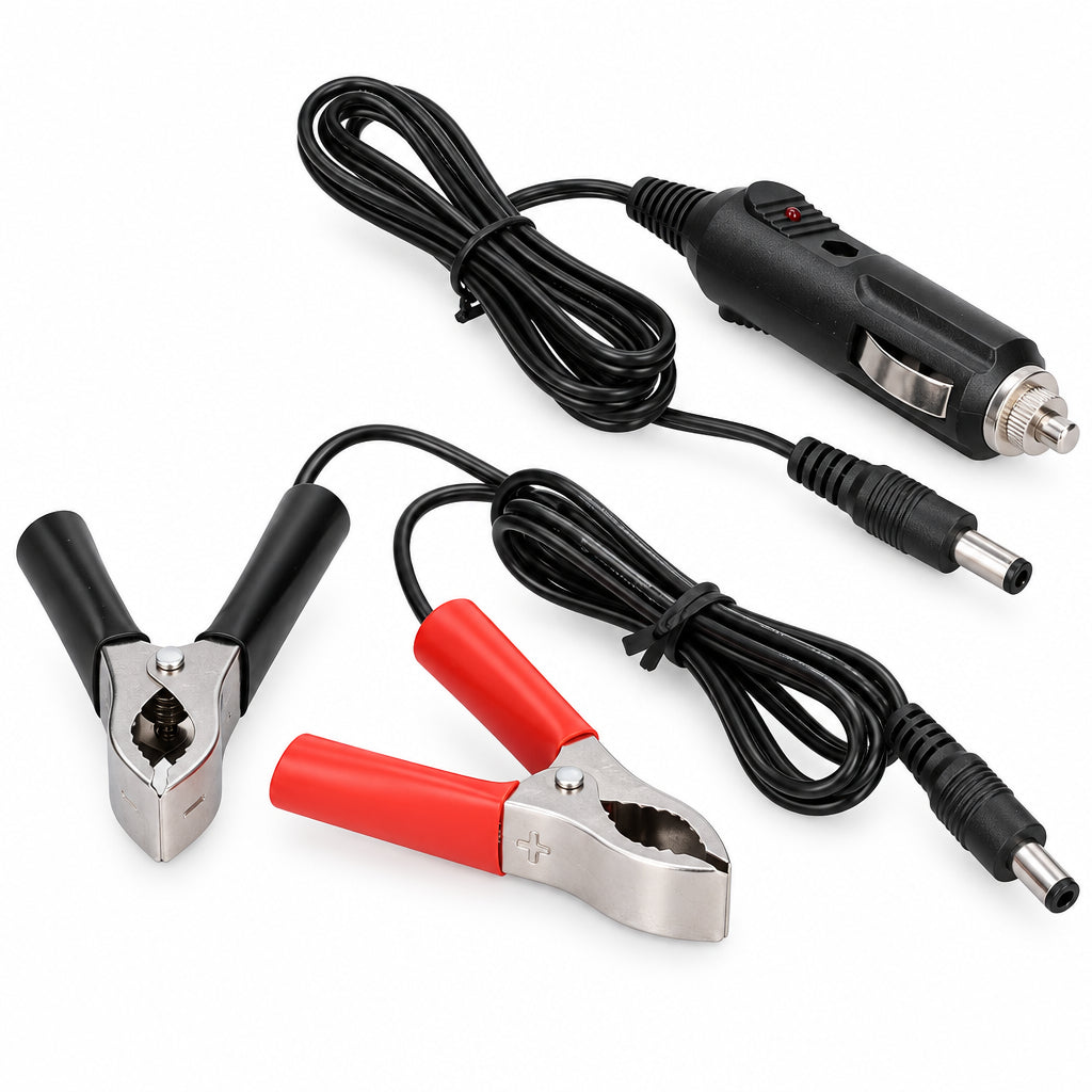 DC power cable with clamps and a car cigarette lighter plug